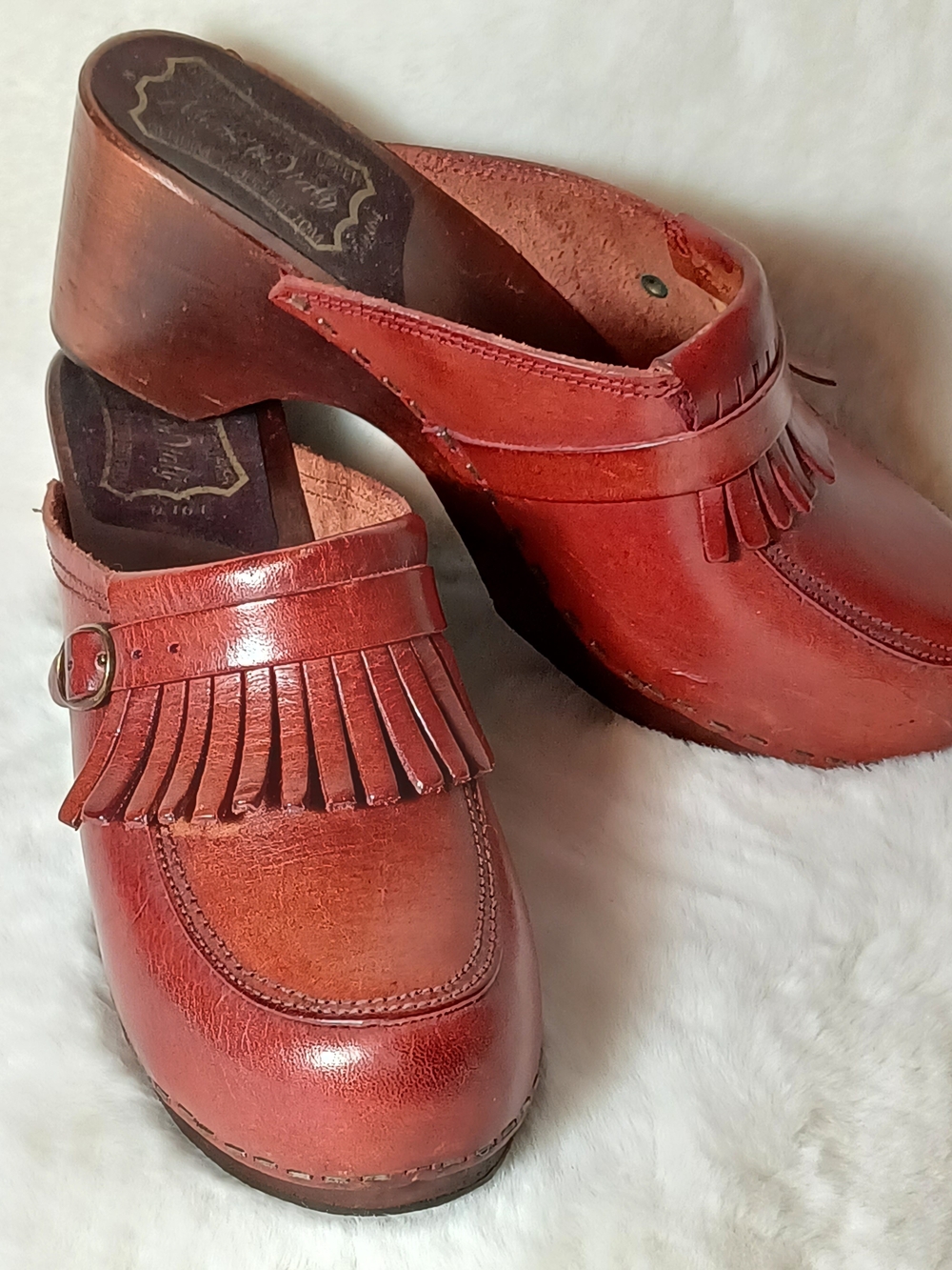 Vintage Red Leather Fringe Clog Mules
